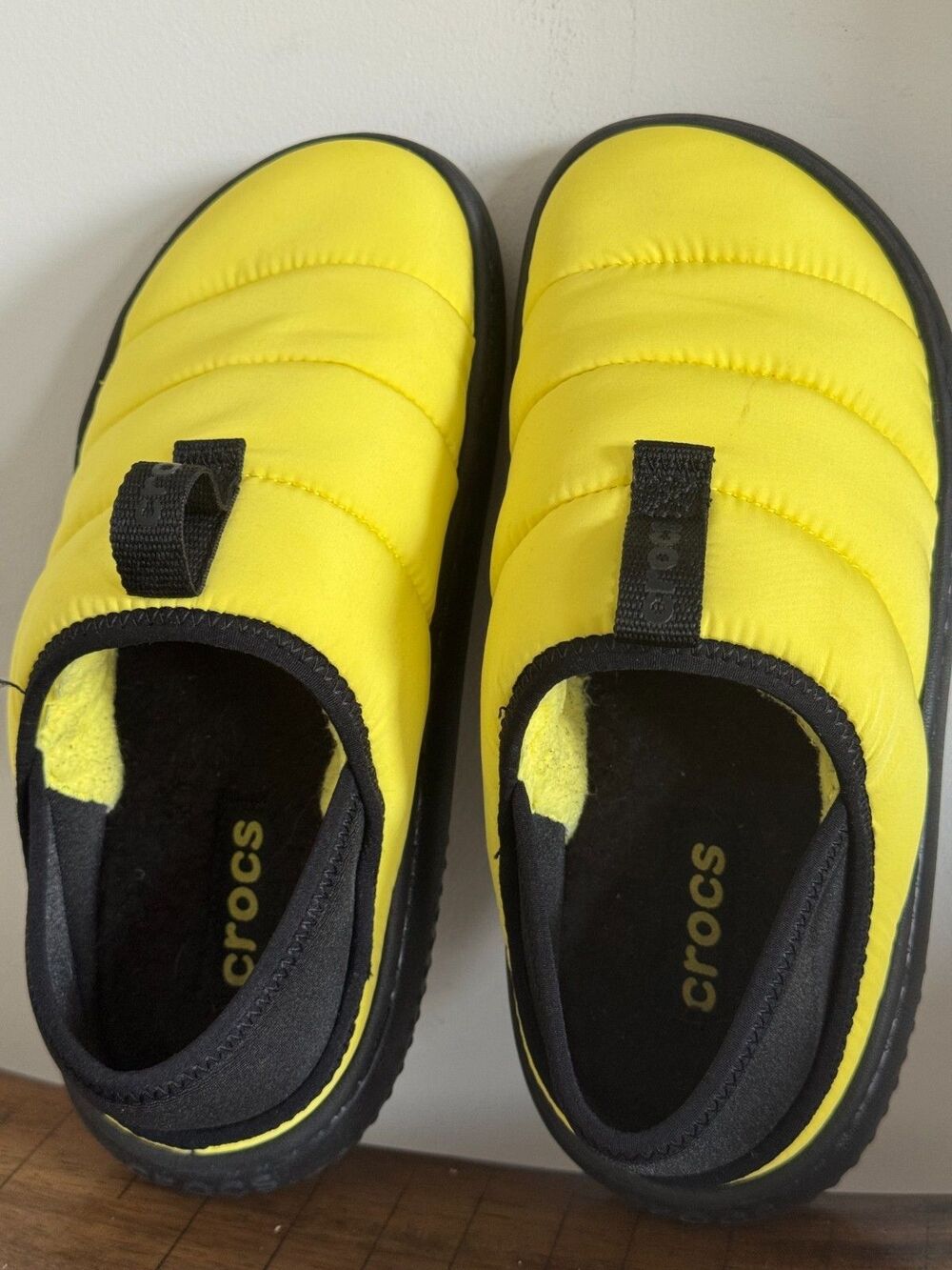 Crocs Yellow Puff Slippers Kids J4 Insulated Slip On Comfort Shoes Unisex